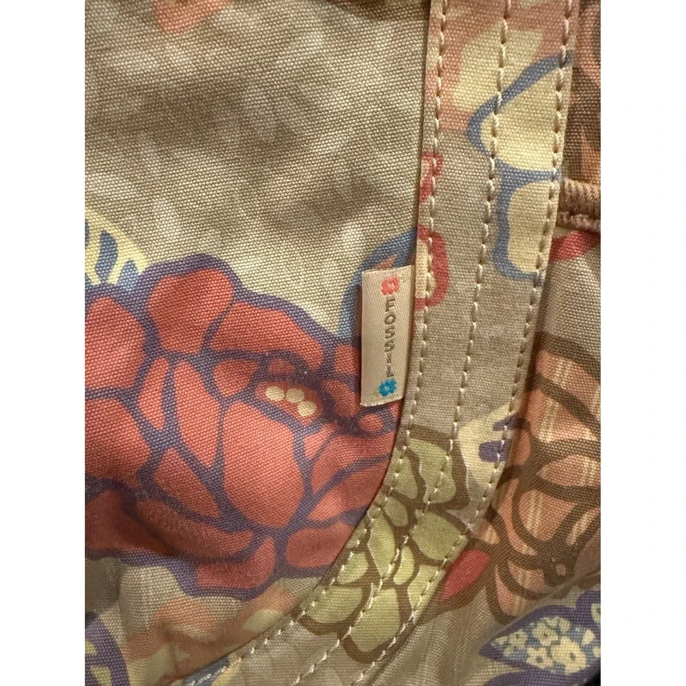 Fossil Key-Per Floral Hobo Tote Bag Canvas & Leather Trim Shoulder Purse